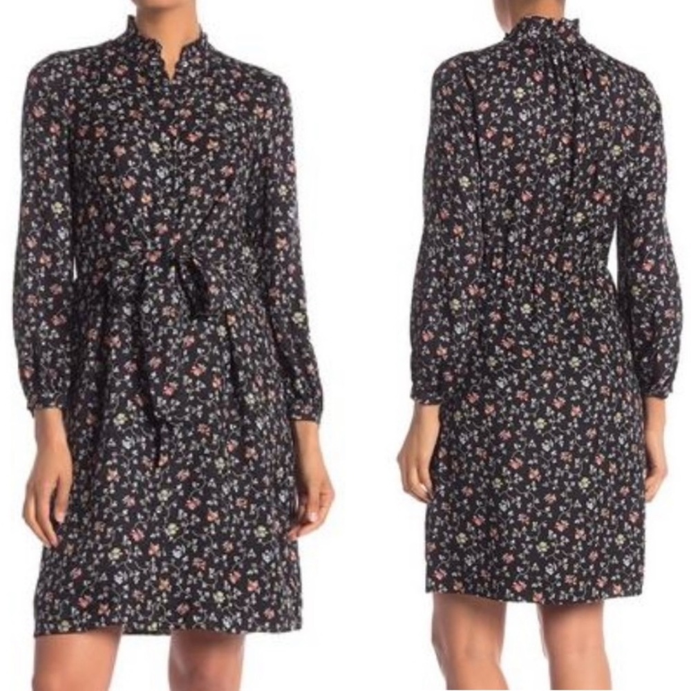 Rebecca Taylor Silk Black Floral Button Down Long Sleeve Dress
